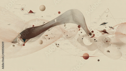 create elegant abstract artwork featuring thin wavy lines and intricate geometric shapes on clean background