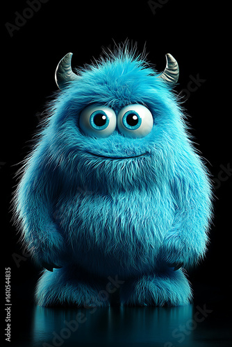 Adorable blue furry creature with big eyes, standing in a dark environment, showcasing charm