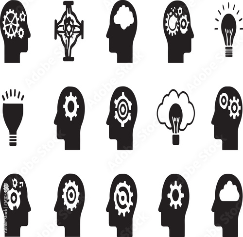 Collection of black and white icons representing ideas and the human brain with gears inside