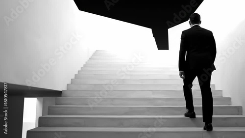 A grayscale image of a man walking up a modern stairway