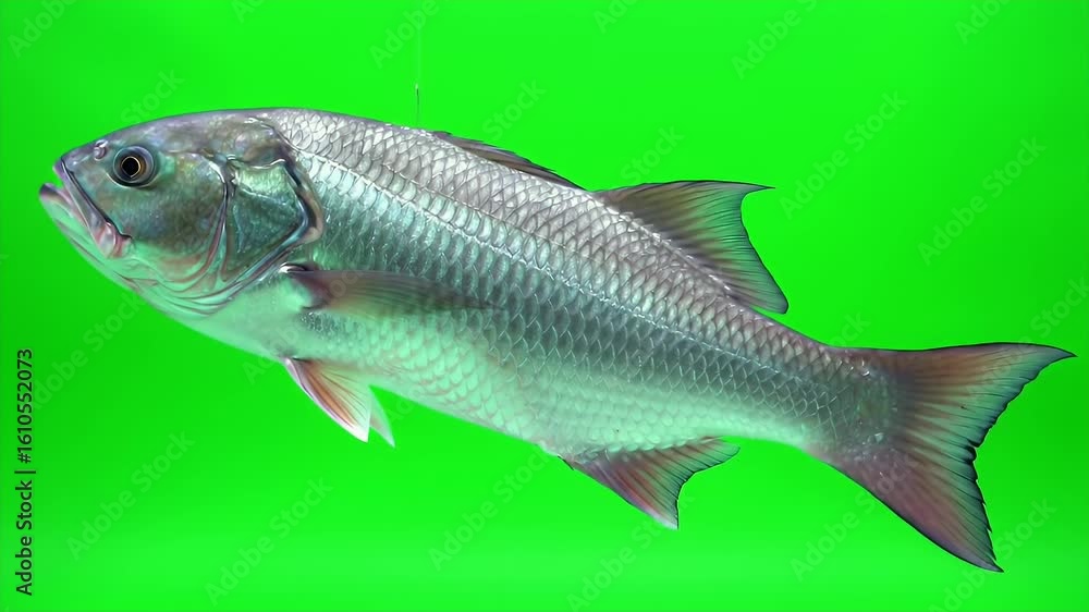 Realistic 3d Animation of Barramundi Fish Isolated by Green Screen Background for Production Use, also Known as Asian Sea Bass Lates Calcarifer or Ikan Kakap Putih Realistic 3d Animation of Barramundi Fish Isolated by Green Screen Background for Production Use, also Known as Asian Sea Bass Lates Calcarifer or Ikan Kakap Putih