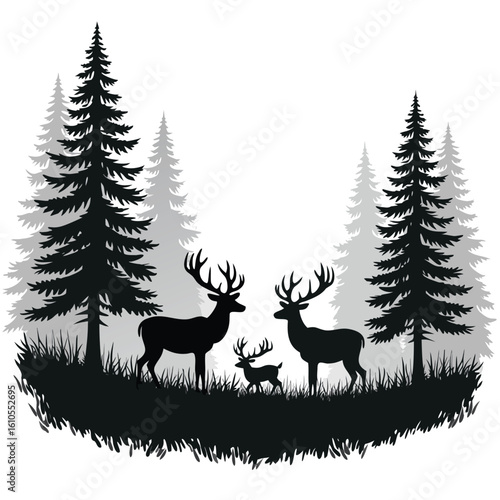 Majestic deer family in a pine forest silhouette stag fawn