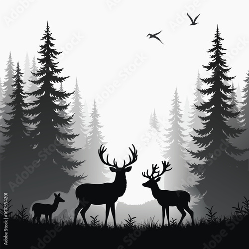 Majestic deer family in misty forest with soaring birds stag fawn