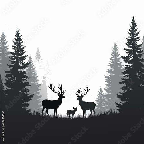 Majestic deer family silhouette in a misty forest fawn stag