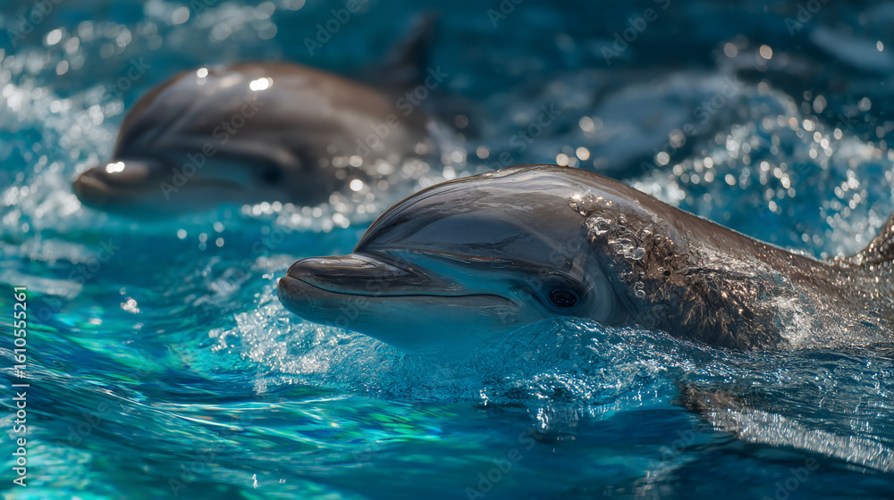 Obraz premium Two dolphins swimming in clear blue water with visible water splashing around