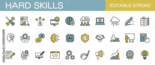 Hard skills line icon set – Includes business, technology, computing, programming and career. Editable stroke. Colored vector illustration.