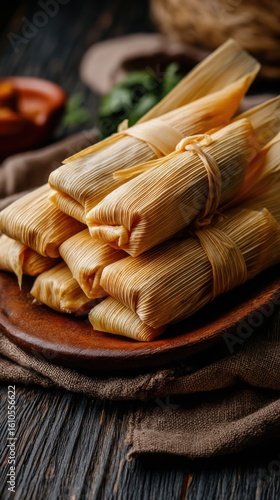 Delicious tamales served on a rustic wooden plate
