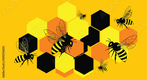 Illustration of several bees flying around a honeycomb pattern with yellow, orange, and black cells on a yellow background.