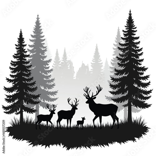 Majestic deer family silhouetted against a misty forest backdrop stag fawn