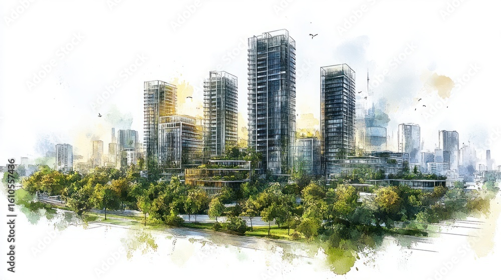 Obraz premium Modern Urban Landscape with Skyscrapers, Greenery, and Vibrant City Life in a Bright Watercolor Style