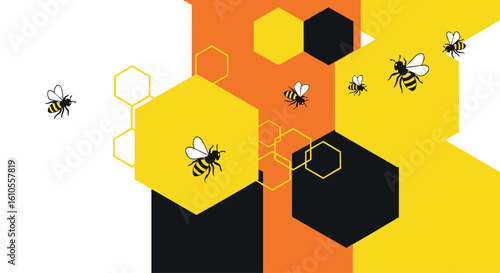 Illustration of honeybees flying around a honeycomb structure with yellow, orange, and black hexagonal cells on a white background.