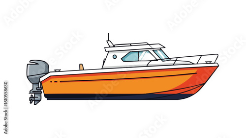 Orange Motorboat with Outboard Engine. featuring boat, motorboat, vessel and more, creating a perfect scene. This scene includes elements like watercraft, marine, nautical.