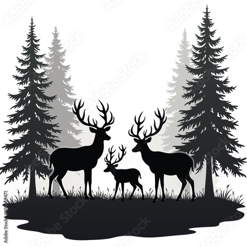 Majestic deer family standing in a dark forest silhouette stag fawn
