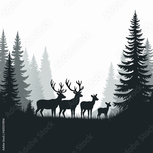 Majestic deer herd in a dark forest landscape stag fawn
