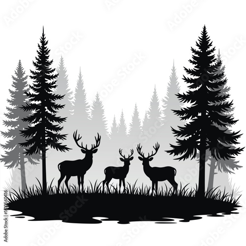 Majestic deer in a dense pine forest silhouette stag fawn