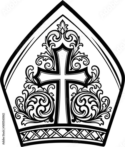 Ornate Black and White Line Art of Bishop Mitre with Decorative Cross – Religious Vector Illustration
