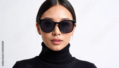 Portrait of a Woman Wearing Sunglasses and Black Turtleneck on White Background