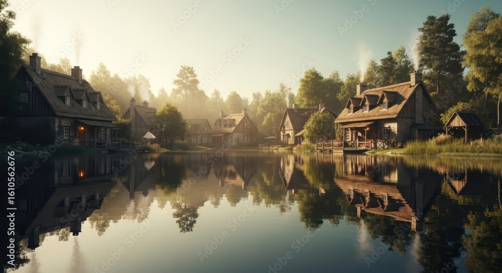 Fototapeta premium Village reflection lake surrounded by forest and houses
