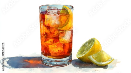 Watercolor Illustration of Long Island Iced Tea Cocktail with Lemon