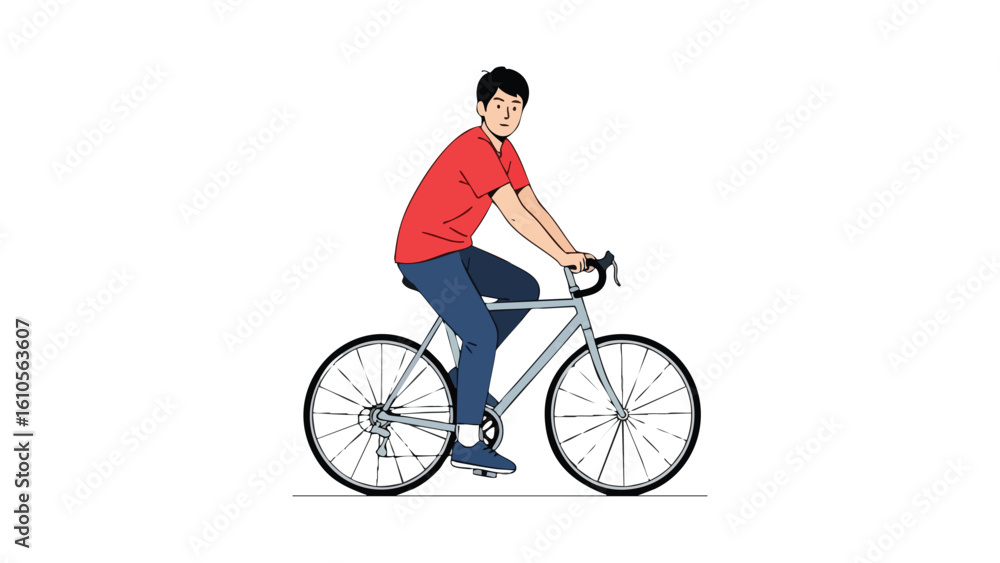 Obraz premium Young Man Riding Bicycle on White Background. featuring man, bicycle, riding and more, creating a perfect scene. This scene includes elements like cycling, transport, transportation.