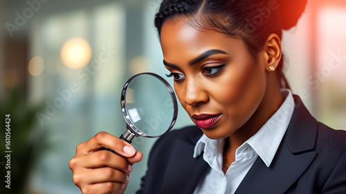 Businesswoman with Magnifying Glass: A focused and determined Black businesswoman examines details through a magnifying glass, symbolizing meticulousness and attention to detail in business.