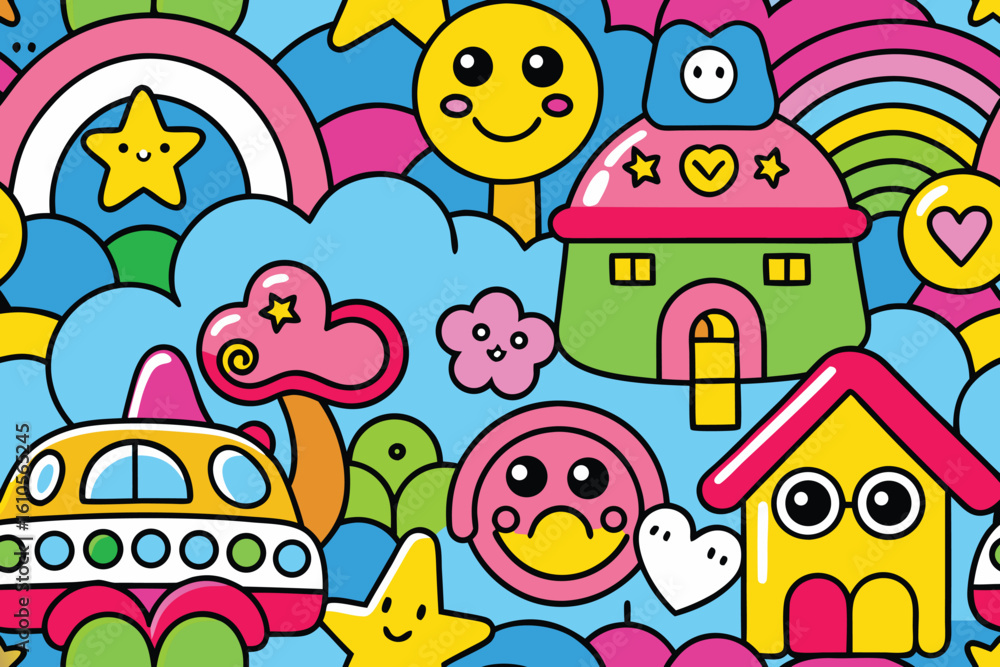 Fototapeta premium Colorful Kawaii Background Pattern with Smiling Faces, Clouds, Stars, and Cute Houses
