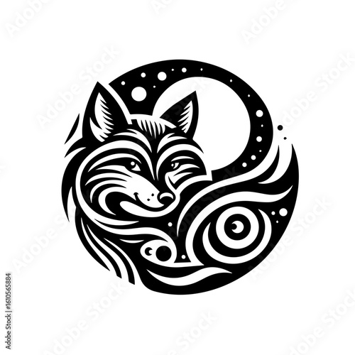 Stylized fox with moon and stars in a circular design