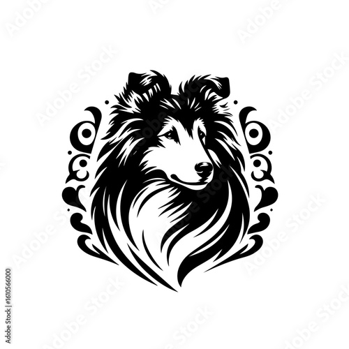 Stylized portrait of a shetland sheepdog with decorative elements