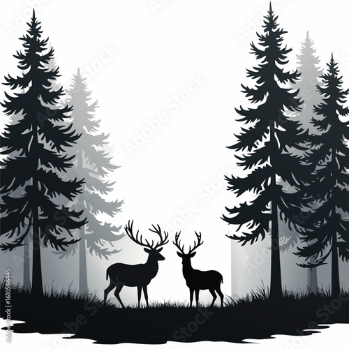 Majestic stags standing in a misty pine forest deer trees