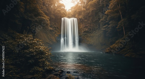 Waterfall cascades into pool surrounded by lush forest