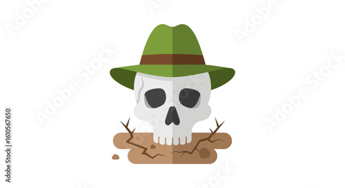 Adventurer's skull with a green fedora hat resting on cracked, dry ground.