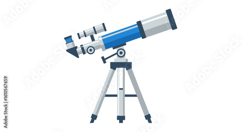 Blue and grey astronomical telescope with finderscope on a tripod, flat design vector illustration.