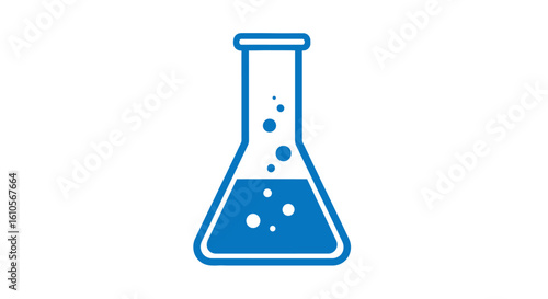 Blue conical laboratory flask icon with bubbling liquid. Flat vector graphic for science and chemistry.