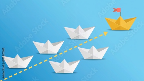 Golden paper boat leads white fleet, symbolizing leadership, vision, and forward momentum.