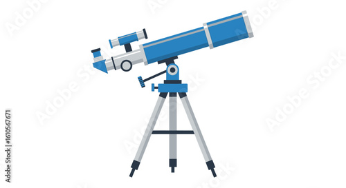 Blue astronomical refractor telescope with a finderscope on a grey tripod, flat vector illustration.