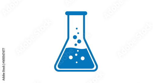 Blue Erlenmeyer flask icon with bubbling chemical liquid. A simple flat graphic of a conical lab beaker with a reaction.
