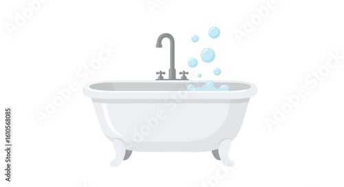 Classic white clawfoot bathtub illustration with a grey faucet and floating blue soap bubbles.