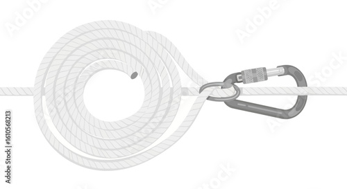 Coiled white braided safety rope secured with a dark grey locking screw-gate carabiner.