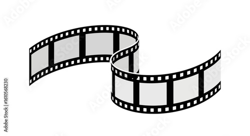 Curving black and white photographic film strip with blank grey frames and sprocket holes.