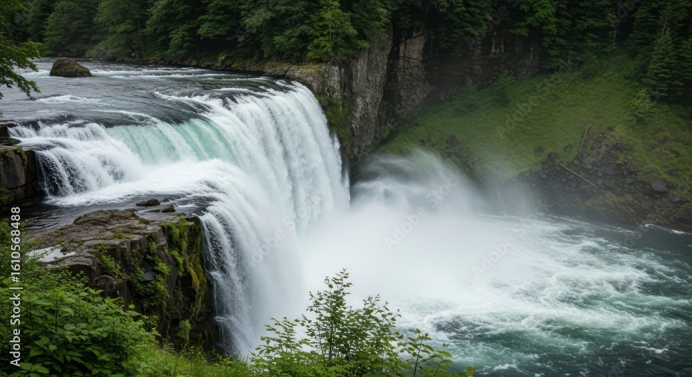 Fototapeta premium Waterfall cascades into river surrounded by lush green forest