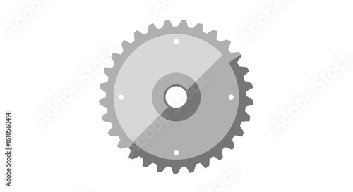 Flat design illustration of a gray mechanical gear with toothed sprocket and mounting holes.