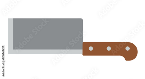 Flat design illustration of a butcher's meat cleaver with a brown riveted handle.