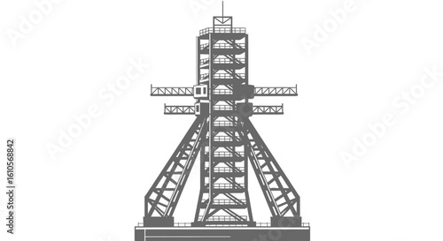 Industrial mine headframe silhouette with A-frame design and intricate lattice steelwork.