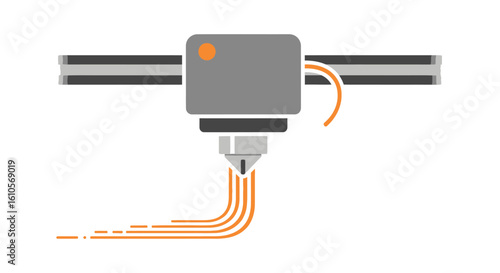 Minimalist flat icon of a grey 3D printer head on a rail, extruding orange material.