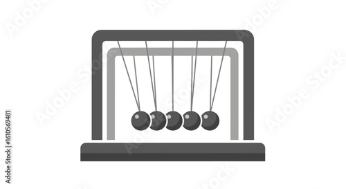 Newton's cradle executive desk toy in a flat, minimalist style with five spheres.