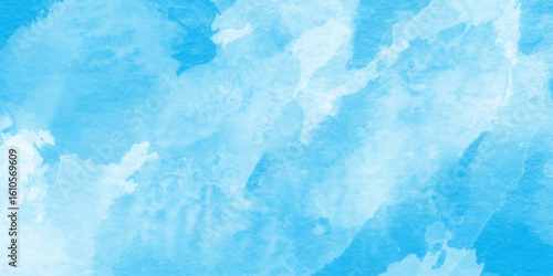 The texture resembles a gentle blending of watercolors with smooth transitions, Abstract watercolor design with a soft sky blue color palette dominated by shades of blue.