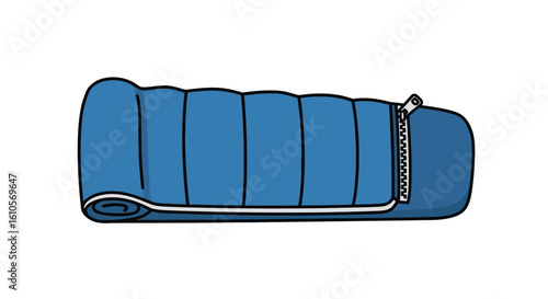 Rolled blue camping sleeping bag with horizontal baffles and a zipper, cartoon vector illustration.