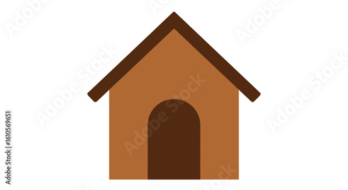Simple brown doghouse illustration with a dark triangular roof and arched entrance.