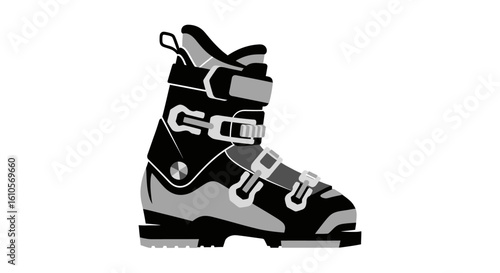 Side profile of a modern black and grey alpine ski boot with a hard shell and buckles.