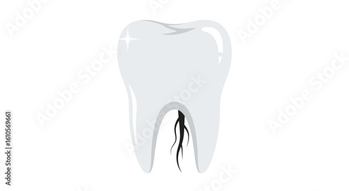 Shiny white molar tooth with exposed black nerve roots illustration